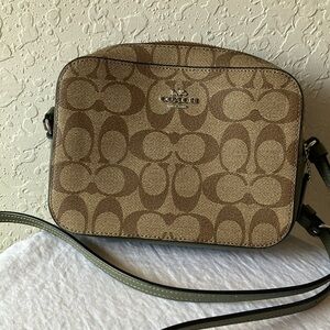 Coach: Mini Jamie Camera Brown & Olive Signature Crossbody Bag- Silver Tone